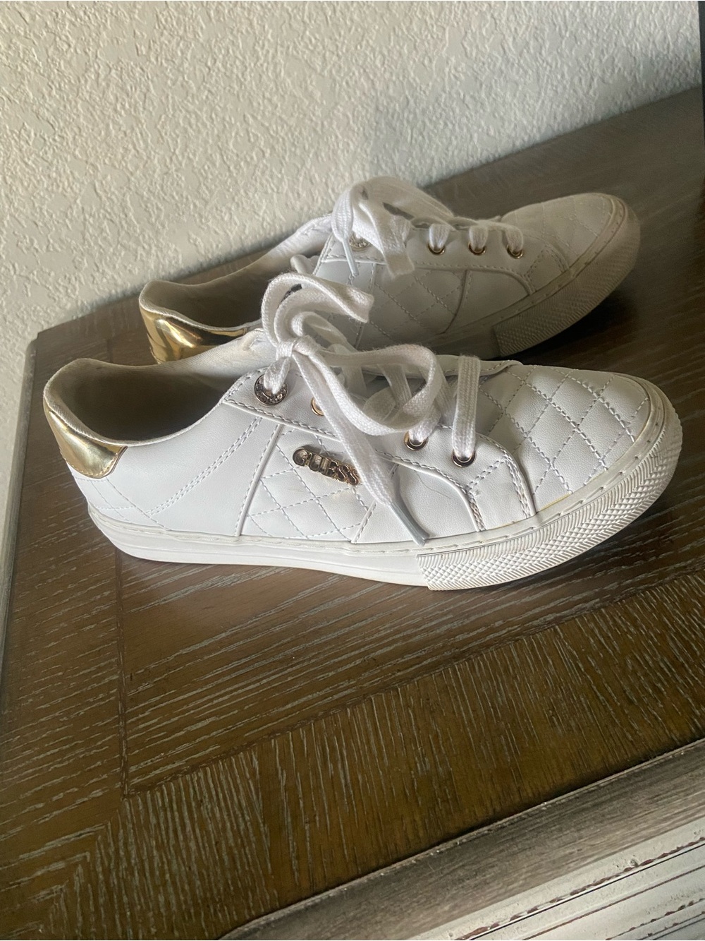 Guess White Quilted Sneakers with Gold Accents